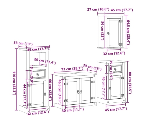 Juego de muebles de baño Corona 4 pzas madera maciza pino