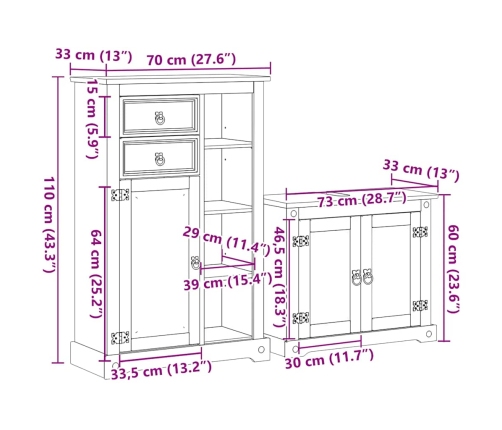 Juego de muebles de baño Corona 2 pzas madera maciza pino