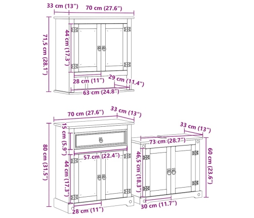 Juego de muebles de baño Corona 3 pzas madera maciza pino