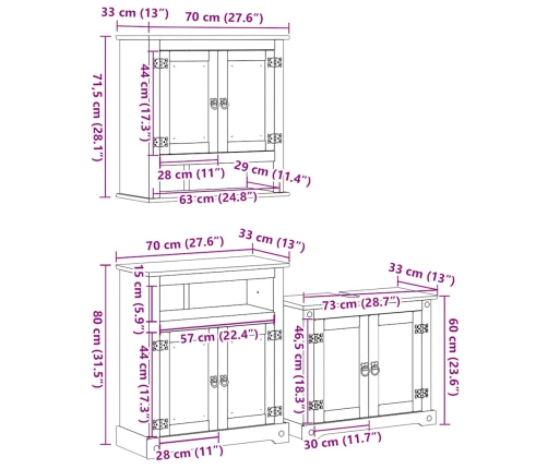 Juego de muebles de baño Corona 3 pzas madera maciza pino