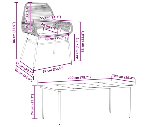Juego comedor jardín 9 pzas cojines ratán sintético marrón