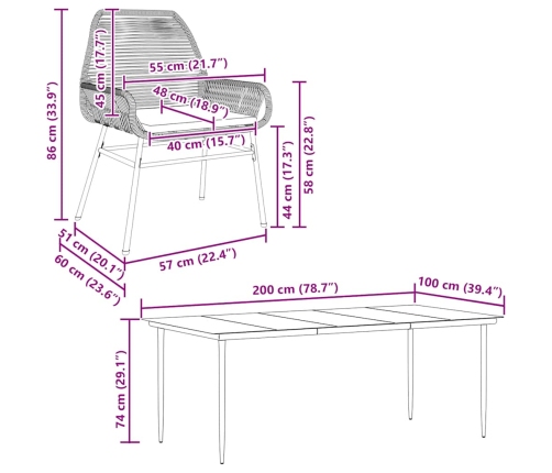 Juego comedor jardín 7 pzas cojines ratán sintético vidrio gris