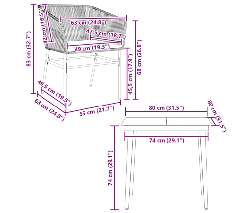 Set comedor jardín 3 pzas cojines ratán sintético vidrio negro