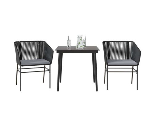 Set comedor jardín 3 pzas cojines ratán sintético vidrio negro