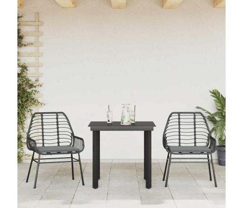 Set comedor jardín 3 pzas cojines ratán sintético vidrio negro