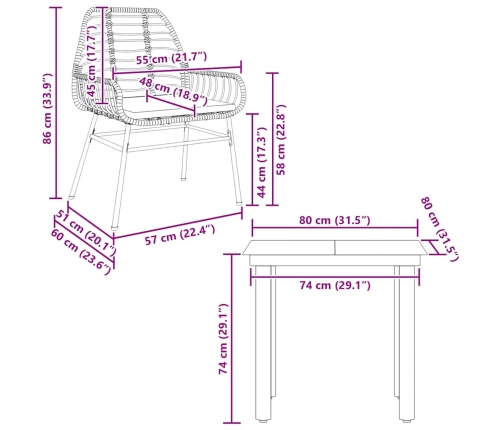 Set comedor jardín 3 pzas cojines ratán sintético vidrio negro