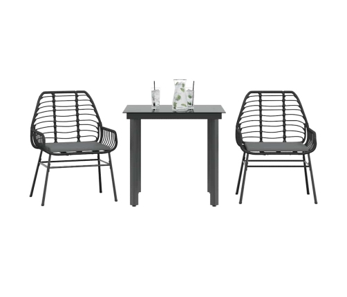 Set comedor jardín 3 pzas cojines ratán sintético vidrio negro