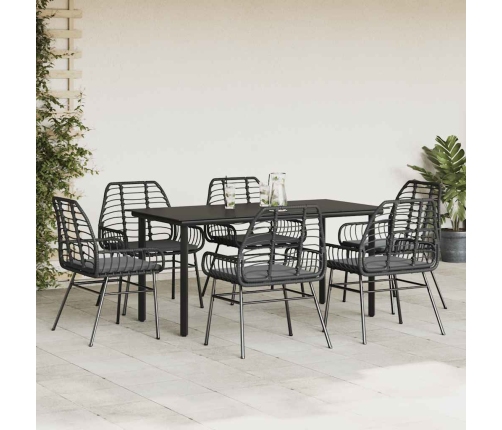Set de comedor de jardín 7 piezas cojines ratán sintético negro