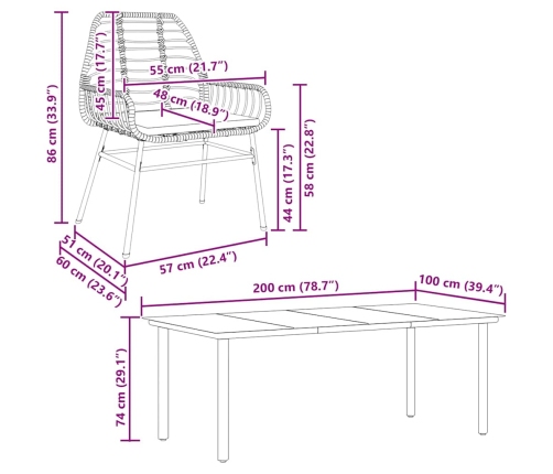 Set de comedor de jardín 7 piezas cojines ratán sintético negro