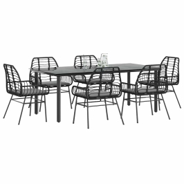 Set de comedor de jardín 7 piezas cojines ratán sintético negro
