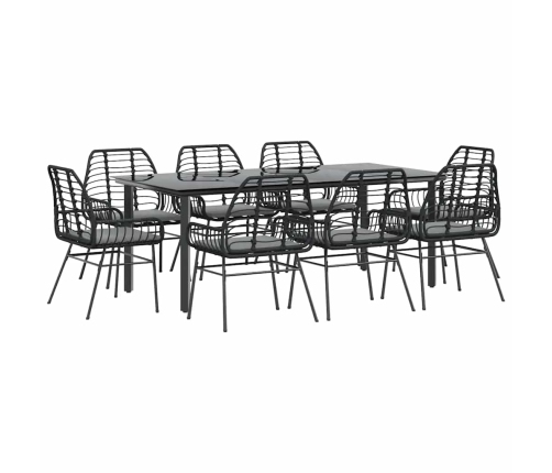 Set de comedor jardín 9 piezas cojines ratán polivinílico negro