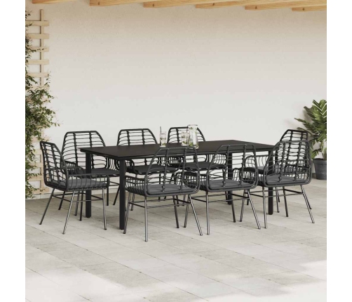 Set de comedor jardín 9 piezas cojines ratán polivinílico negro