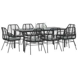 Set de comedor jardín 9 piezas cojines ratán polivinílico negro