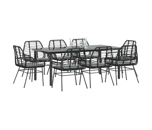 Set de comedor jardín 9 piezas cojines ratán polivinílico negro