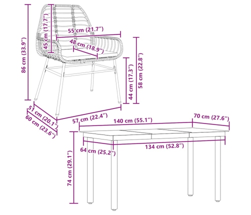 Juego de comedor jardín 5 piezas cojines ratán sintético marrón
