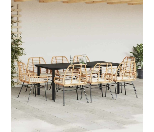Juego comedor jardín 9 pzas cojines ratán sintético marrón