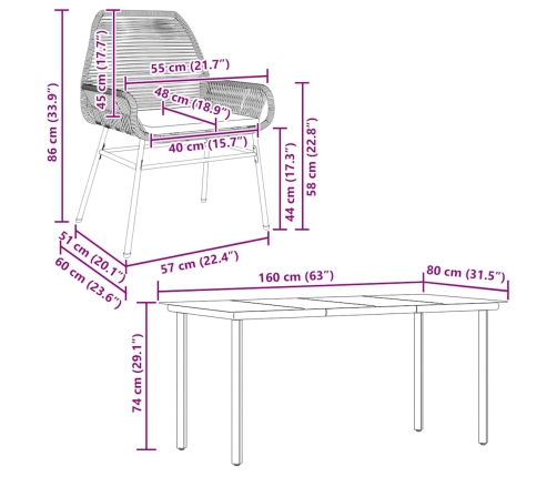 Juego de comedor jardín 5 piezas cojines ratán sintético negro