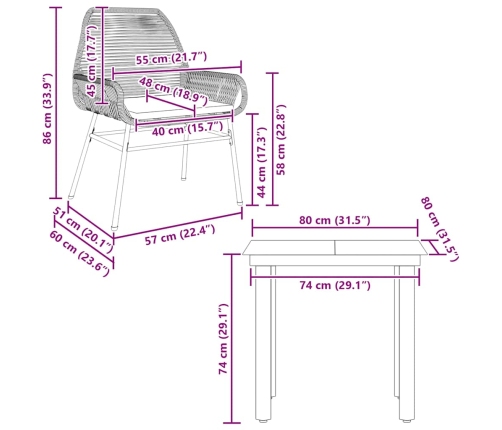 Juego comedor jardín 3 pzas cojines ratán sintético vidrio gris