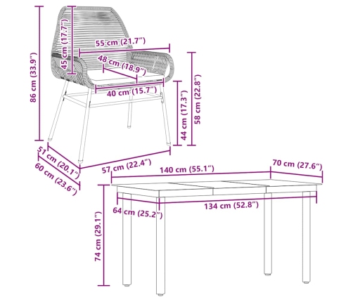 Juego comedor jardín 5 pzas cojines ratán sintético vidrio gris