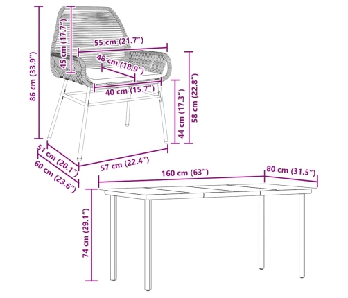 Juego comedor jardín 5 pzas cojines ratán sintético vidrio gris