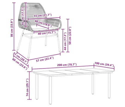 Juego comedor jardín 7 pzas cojines ratán sintético vidrio gris