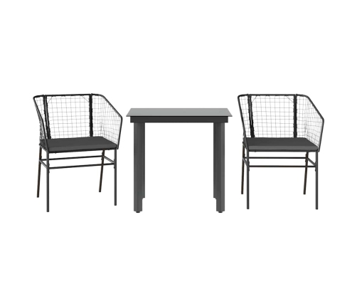 Set comedor jardín 3 pzas cojines ratán sintético vidrio negro