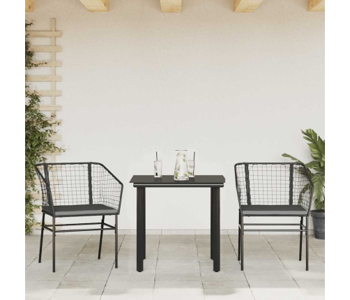 Set comedor jardín 3 pzas cojines ratán sintético vidrio negro