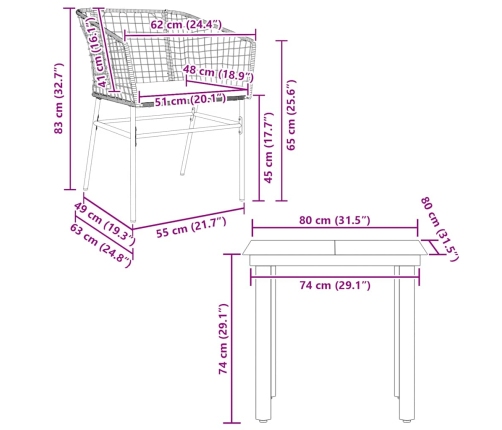 Set comedor jardín 3 pzas cojines ratán sintético vidrio negro
