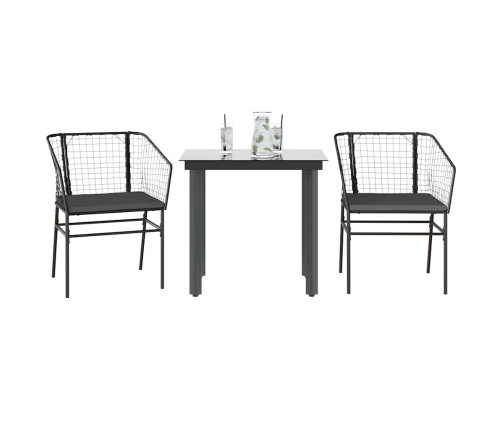 Set comedor jardín 3 pzas cojines ratán sintético vidrio negro
