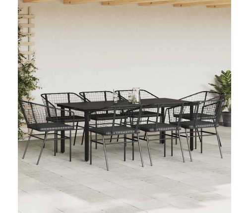 Set de comedor jardín 9 piezas cojines ratán polivinílico negro