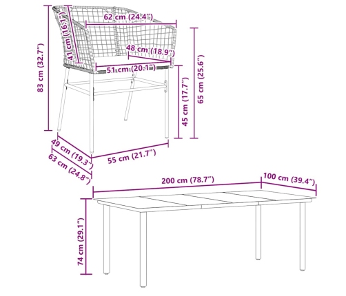 Set de comedor jardín 9 piezas cojines ratán polivinílico negro
