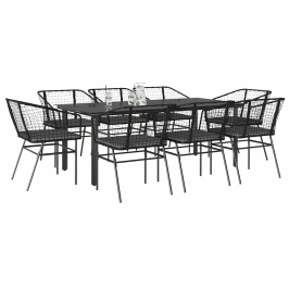 Set de comedor jardín 9 piezas cojines ratán polivinílico negro