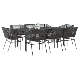Set de comedor jardín 9 piezas cojines ratán polivinílico negro