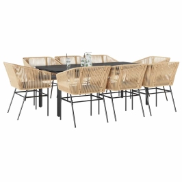 Juego comedor jardín 9 pzas cojines ratán sintético marrón