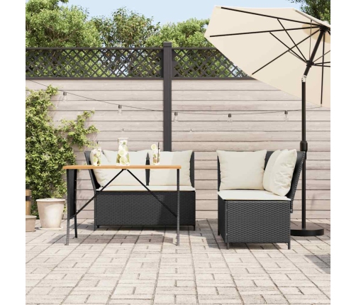 Set de sofás de jardín con cojines 3 pzas ratán sintético negro
