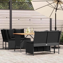 Set de sofás de jardín con cojines 3 pzas ratán sintético negro