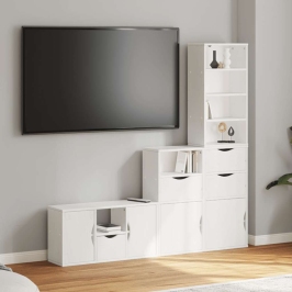 Muebles de TV 4 uds. con almacenaje "ODDA" blanco madera pino