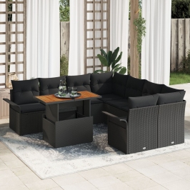 Set de Sofá de Jardín de 9 Piezas con Cojines Negro Ratán Poliéster Acacia