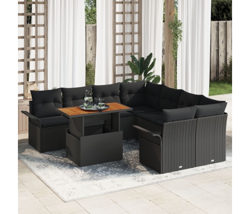 Set de Sofá de Jardín de 9 Piezas con Cojines Negro Ratán Poliéster Acacia