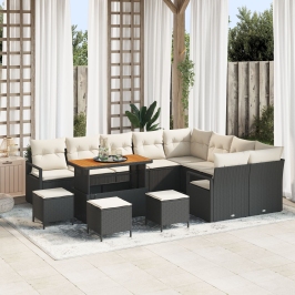 Conjunto de Sofá de Jardín de 13 Piezas con Cojines Negro Poliratán Acacia, Sofá de Jardín de 2 Plazas con Almacenamiento y Cojines Negro Poliratán, Conjunto de Comedor de Jardín de 4 Piezas con Cojines Negro Poliratán Acacia
