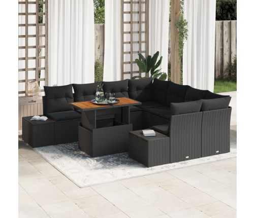 Conjunto de Sofá de Jardín  Set de 9 Negro Mimbre, Tela