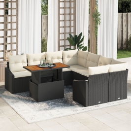 Conjunto de Comedor de Jardín de 9 Piezas  con Cojines en Ratán Negro Acacia