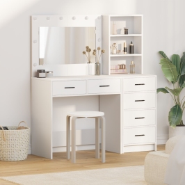 Conjunto de mesa de tocador de 2 piezas  con LED de madera blanca