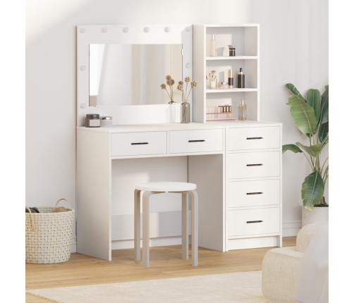 Conjunto de mesa de tocador de 2 piezas  con LED de madera blanca