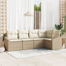Conjunto de Sofá de Jardín de 5 Piezas con Cojines Beige Ratán