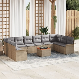 Juego de Sofás de Jardín de 11 Piezas con Cojines Beige de Rattan de Polietileno Acacia