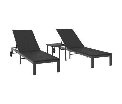 Tumbonas  2 pcs con ruedas y mesa negro de poliratán