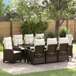 Set de Comedor de Jardín  de 9 Piezas con Cojines Marrón Poliratán