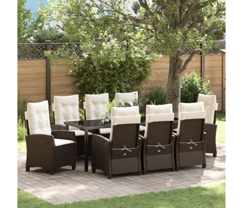 Set de Comedor de Jardín  de 9 Piezas con Cojines Marrón Poliratán