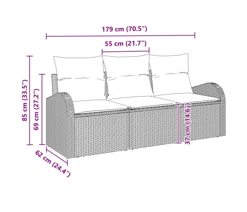 Set de Sofá de Jardín de 3 Piezas con Almohadillas Marrón Poliratán